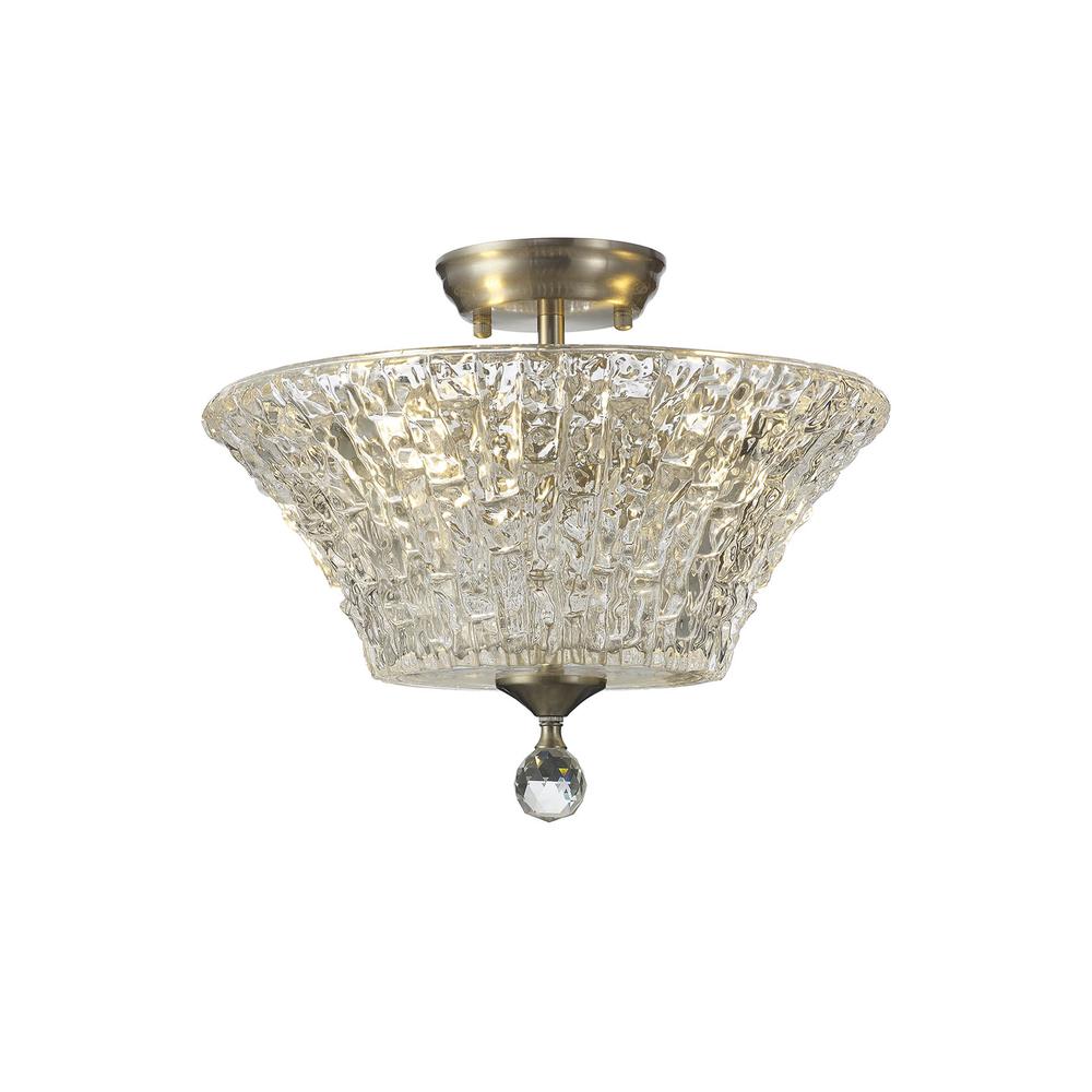 Luxuria Sirius Flush Ceiling Light 2xE27 With Round 38cm Patterned Glass Shade Satin Nickel/Clear