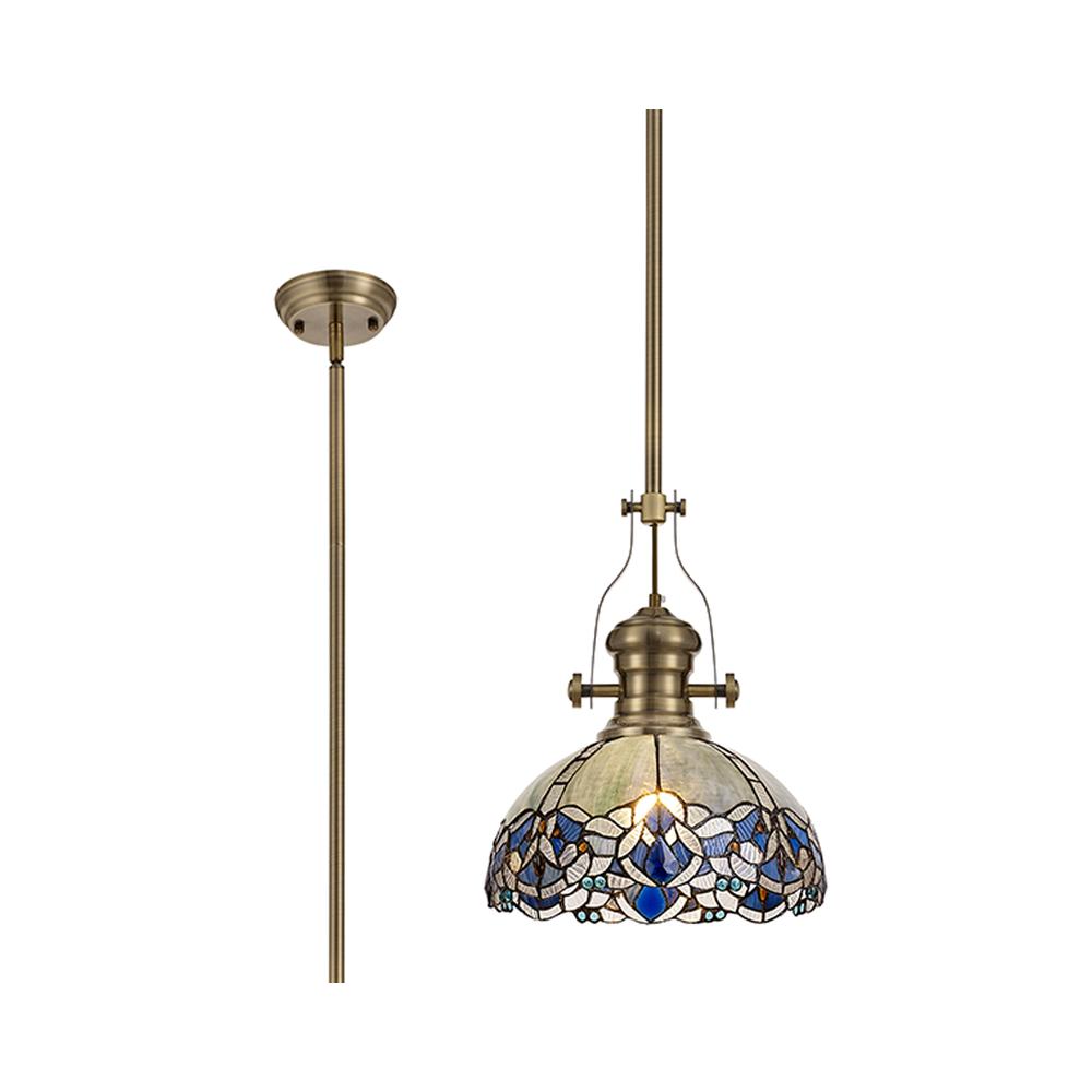 Luxuria Axis Pendant Light E27 With 30cm Tiffany Shade Antique Brass/Blue/Clear Crystal