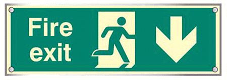 Fire exit down visual impact 5mm  photoluminescent acrylic sign 450x150mm c/w stand off locators