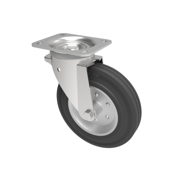 Black Rubber Pressed Steel Plate Swivel Castor 200mm 205kg Load