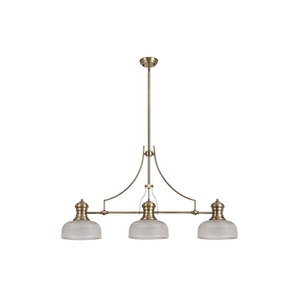 Luxuria Serena 3 Light Linear Pendant E27 With 26.5cm Prismatic Glass Shade Antique Brass Clear