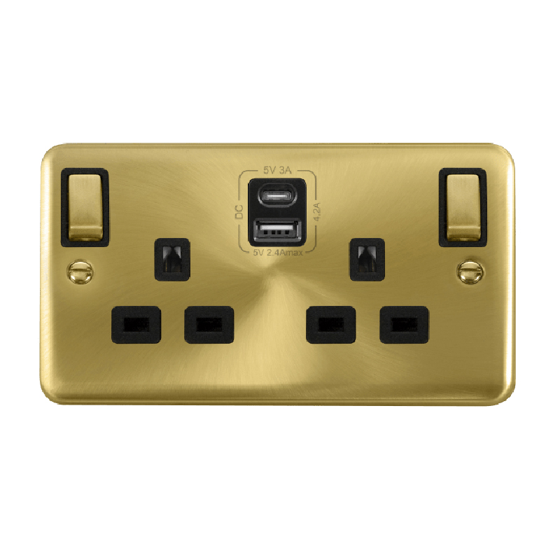 Click Deco Plus 13A Ingot 2G Switched Socket Outlet With Type A & C USB 4.2A Outlets Satin Brass Black Inserts