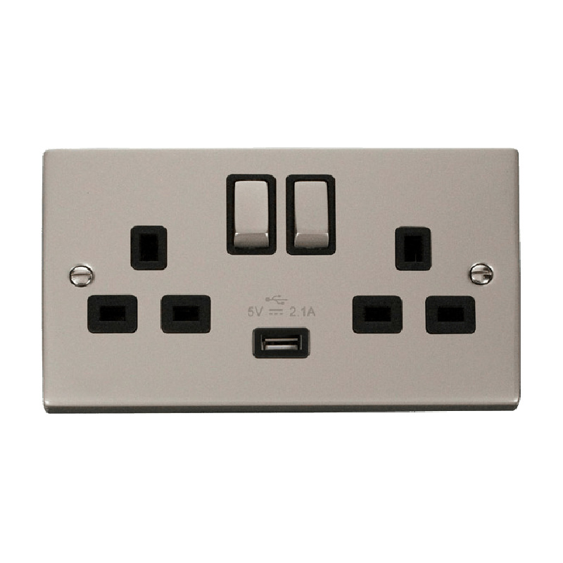 Click Deco 13A Ingot 2G Switched Socket With Single 2.1A USB Outlet Pearl Nickel Insert Black