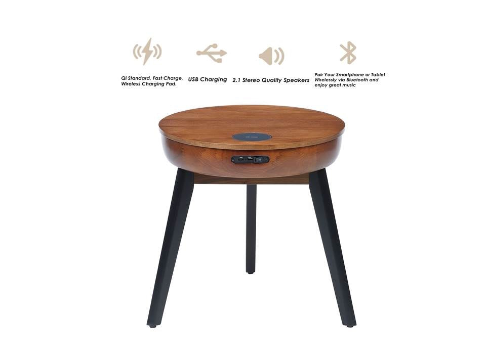 Specialising In Smart Walnut Veneer Round Coffee / Lamp Table - Built in Speakers, Bluetooth, Wireless Charging and USB - 485mm - JF710 UK