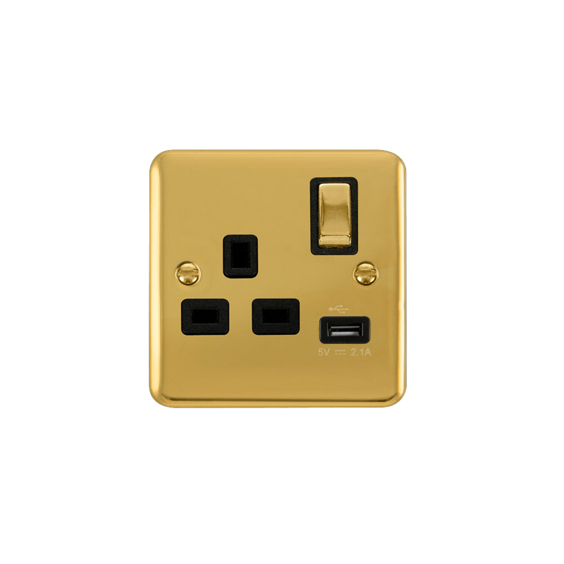 Click Deco Plus 13A Ingot 1G Switched Socket Outlet With USB Outlet Polished Brass Insert Black