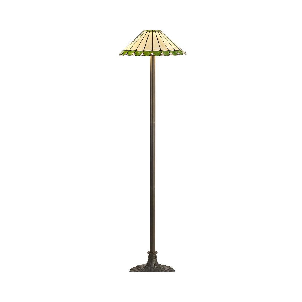 Luxuria Sleek 2 Light Stepped Design Floor Lamp E27 With 40cm Tiffany Shade Green/Cream/Crystal/Aged Antique Brass