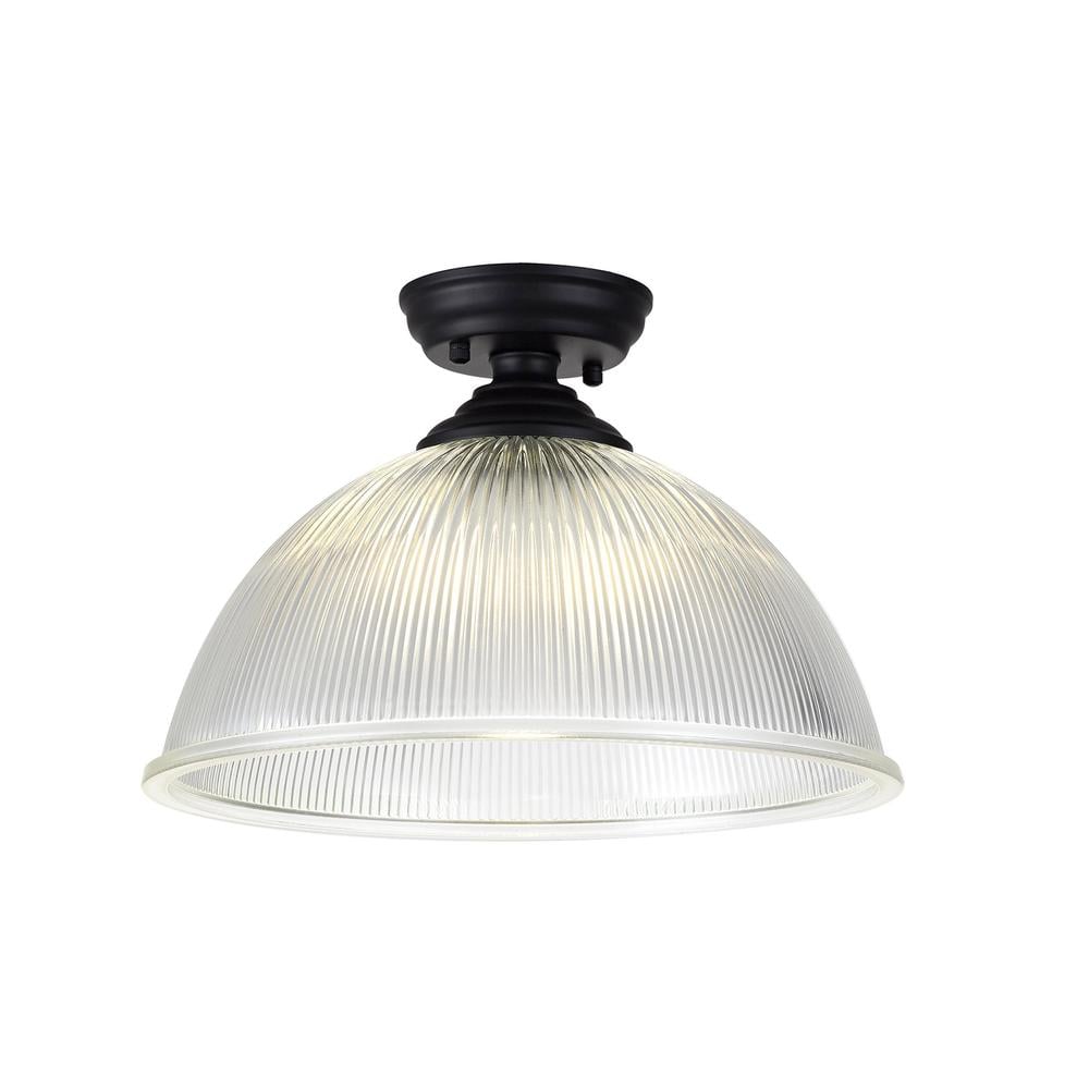 Luxuria Sirius Flush Ceiling Light E27 With Dome 38cm Glass Shade Matt Black/Clear