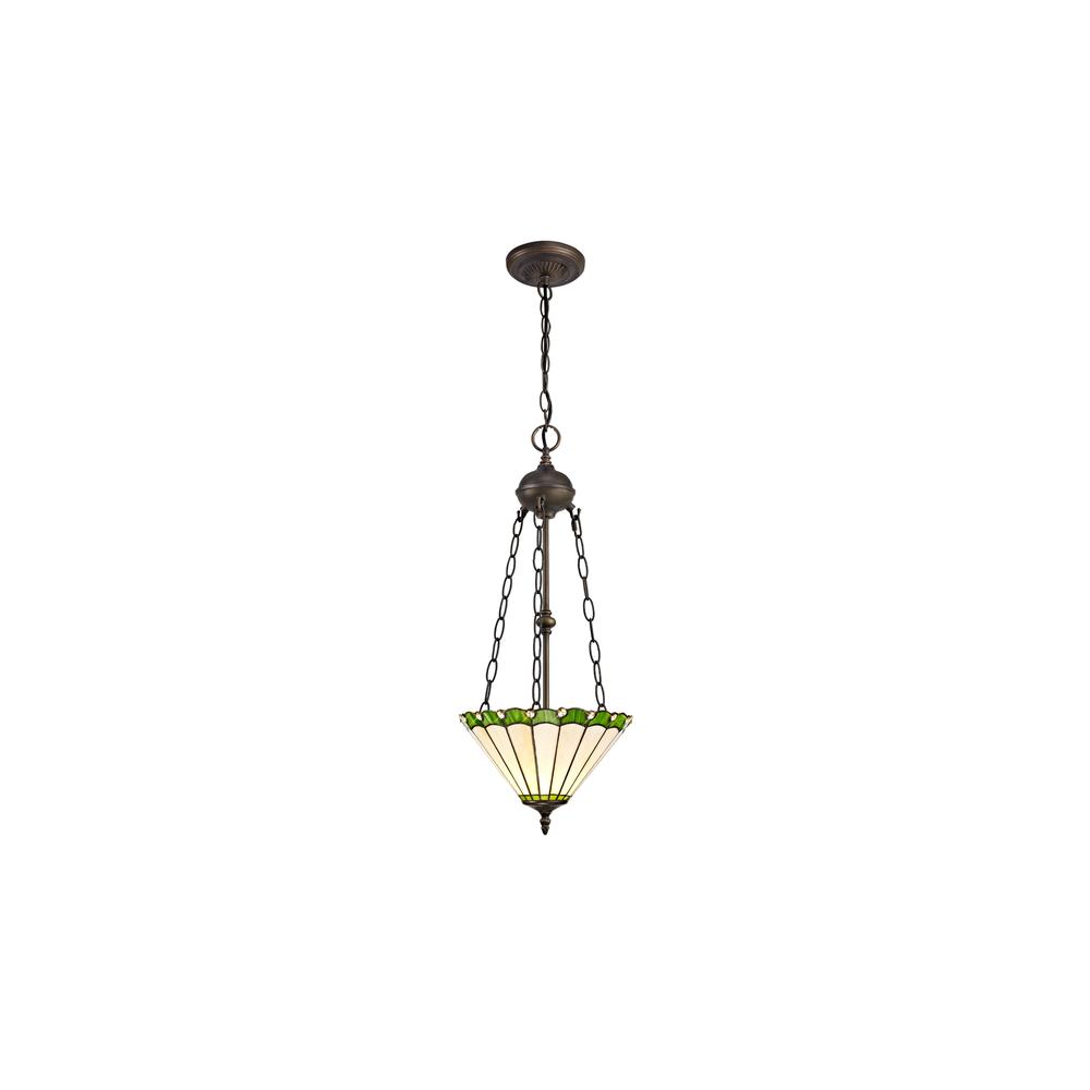 Luxuria Sleek 2 Light Uplighter Pendant E27 With 30cm Tiffany Shade Green/Cream/Crystal/Aged Antique Brass