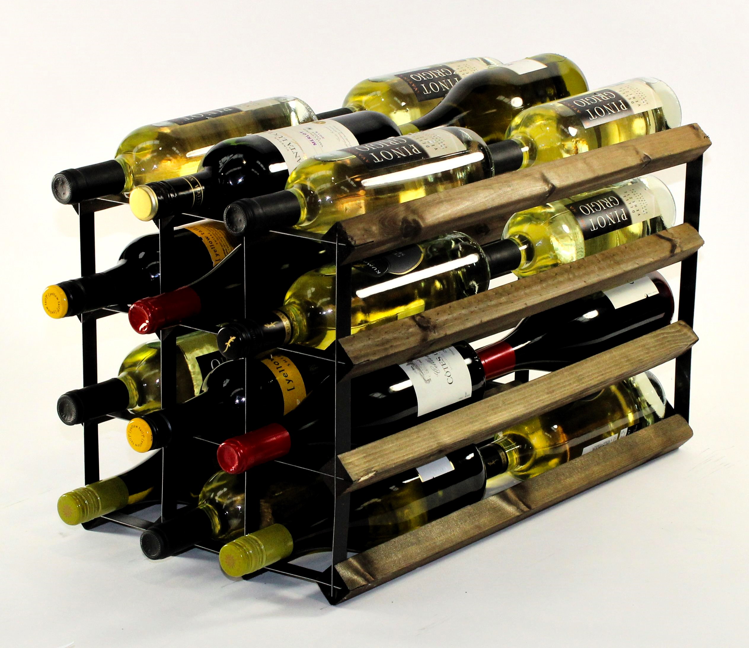 Double depth 24 bottle wine rack - Dark Oak stain wood - Black metal