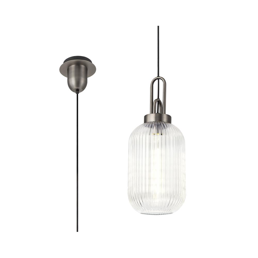 Luxuria Kennith Pendant Light E27 20cm Tubular Ribbed Glass Clear Antique Silver/Black