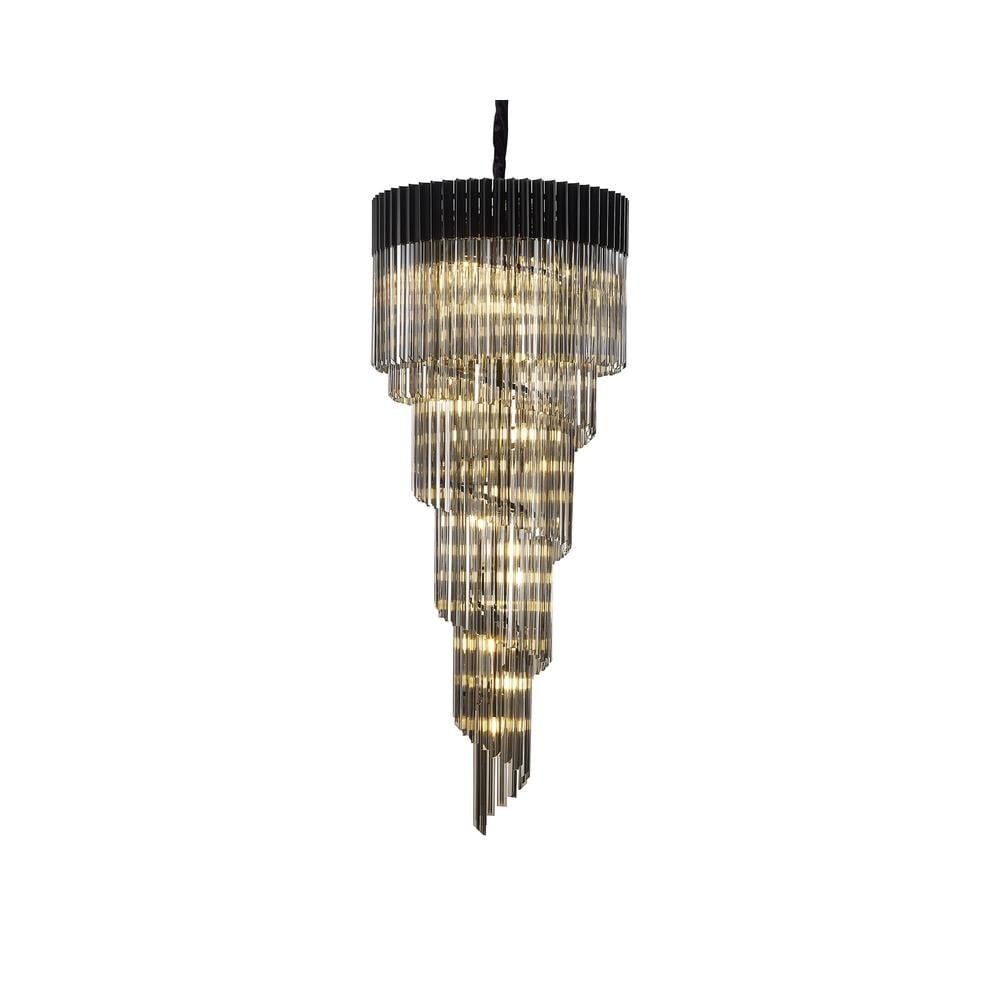 Luxuria Osiris 70cm Pendant Round 5 Layer Spiral 23 Light E14 Matt Black / Smoke Sculpted Glass