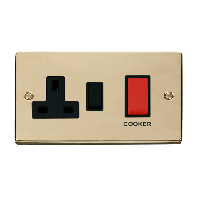 Click Deco 45A DP Switch 13A Switched Socket Polished Brass Insert Black