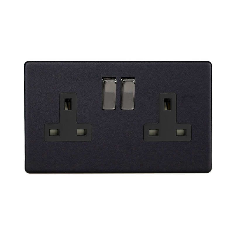 Varilight Urban 2G 13A DP Switched Socket Matt Black Screw Less Plate