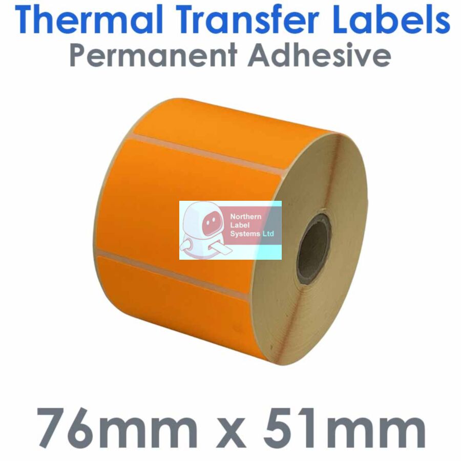 076051TTNPO1-1000FL, 76mm x 51mm, FLUORESCENT ORANGE, Thermal Transfer Labels, 1,000 per roll, FOR SMALL DESKTOP LABEL PRINTERS