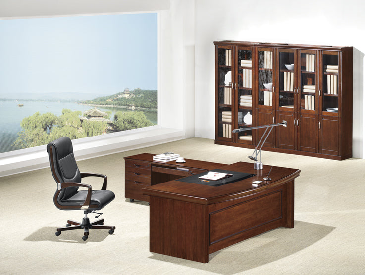 Real Walnut Veneer Executive Curved Office Desk With Pedestal & Return - U37162-1600mm UK