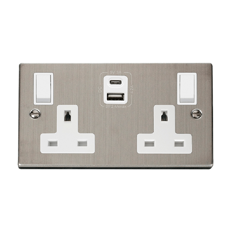 Click Deco 2G 13A Switched Socket With Type A & C USB 4.2A Outlets Stainless Steel Insert White