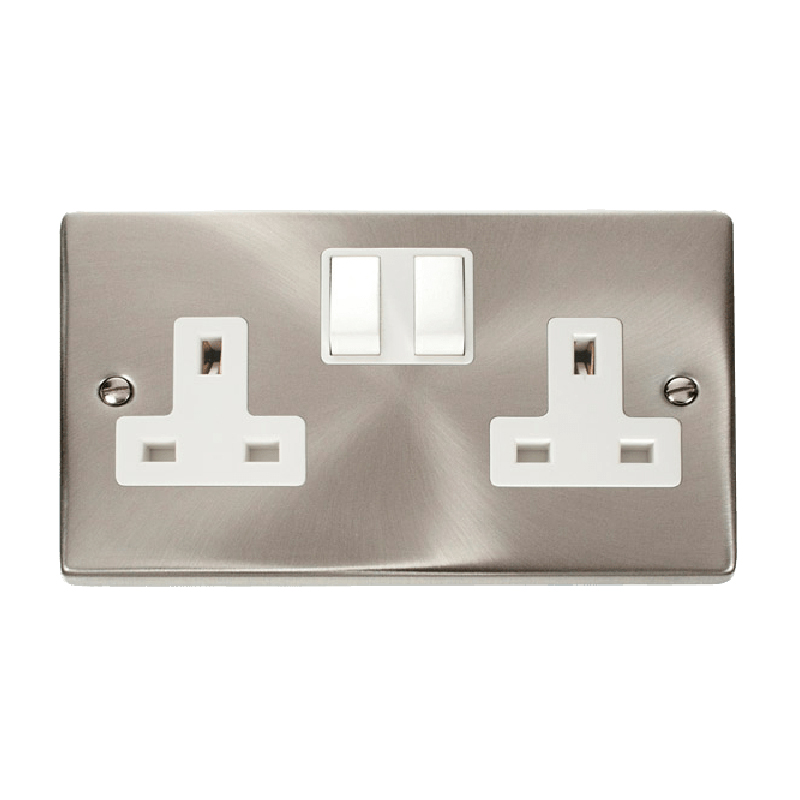 Click Deco 2 Gang 13A DP Switched Socket Outlet (Twin Earth) Satin Chrome Insert White