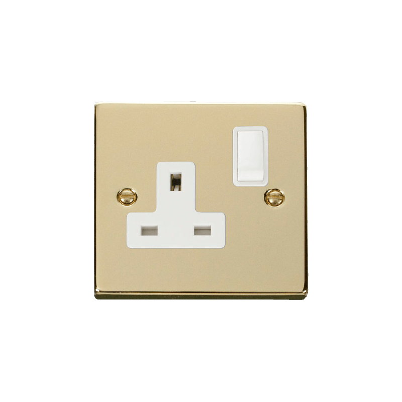 Click Deco 1 Gang 13A DP Switched Socket Outlet Polished Brass Insert White