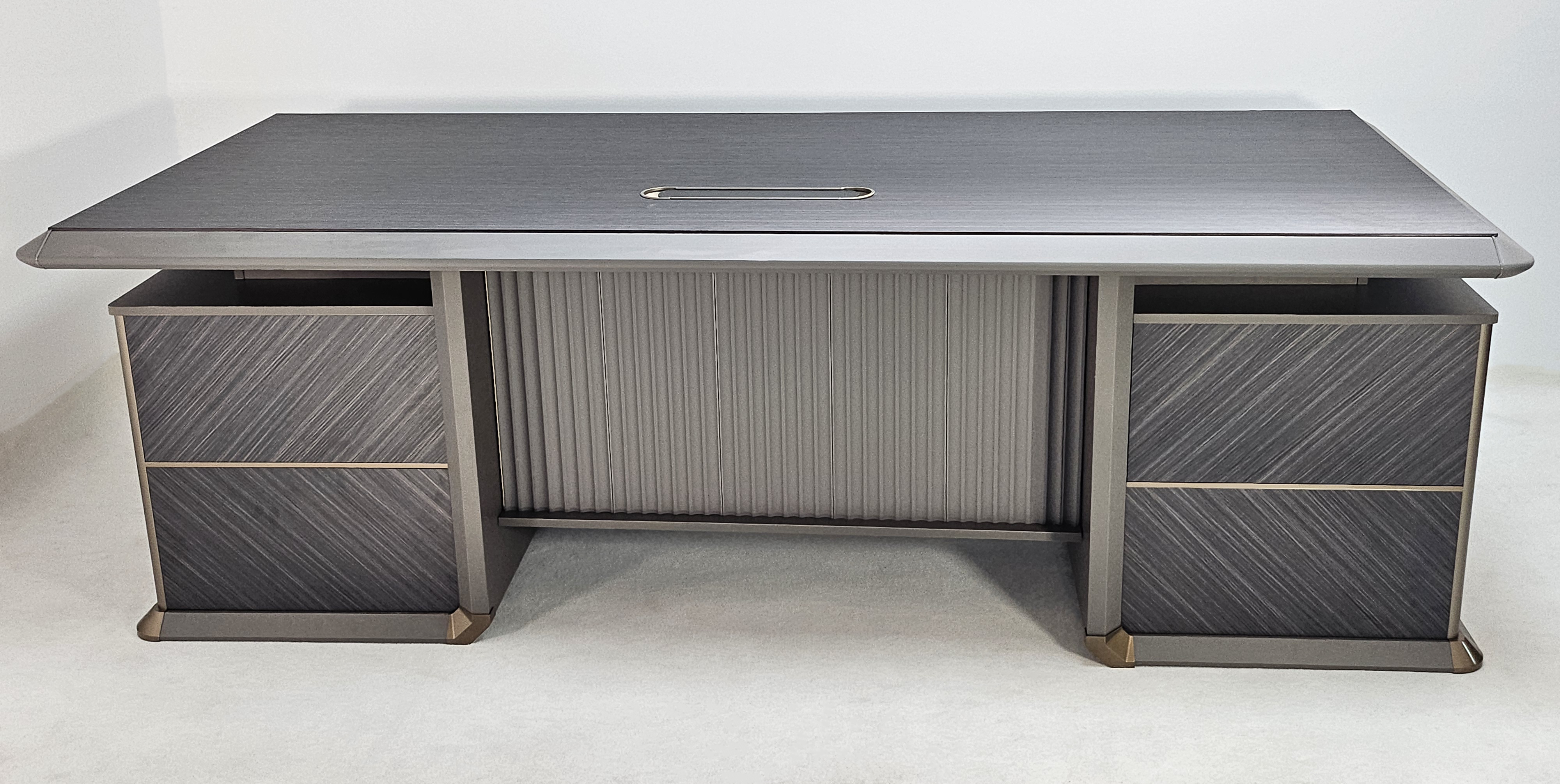 Modern Grey Oak Straight Office Desk with Herringbone Detailing and Built in Storage - 2400mm - DHH-D0124 Near Me