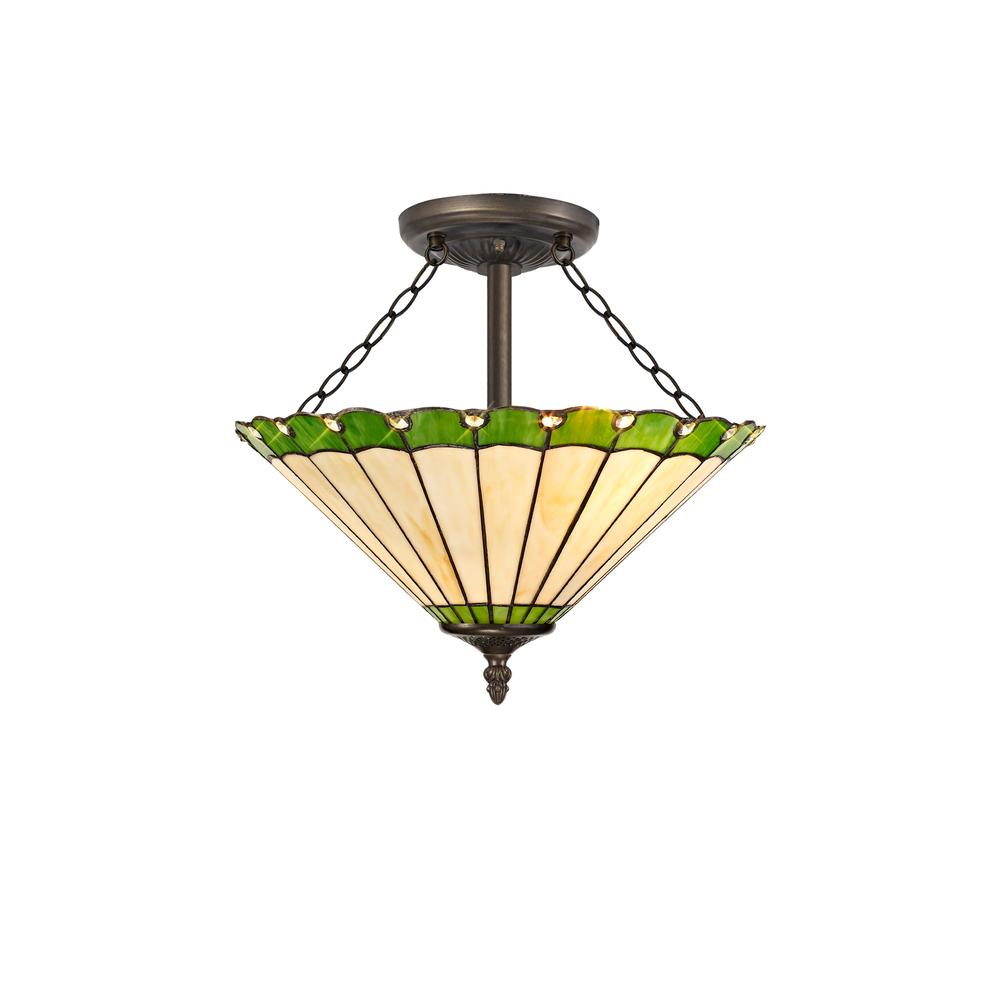 Luxuria Sleek 40.5cm 3 Light Semi Flush E27 With 40cm Tiffany Shade Green/Cream/Crystal/Aged Antique Brass