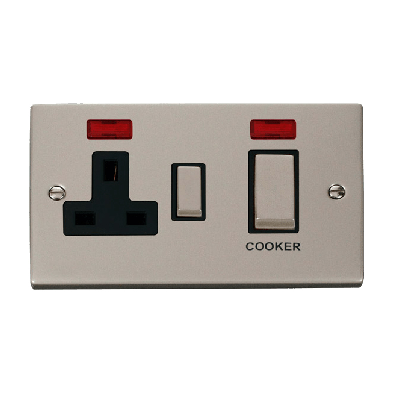 Click Deco 45A Ingot DP Switch with 13A Switched Socket and Neons Pearl Nickel Insert Black