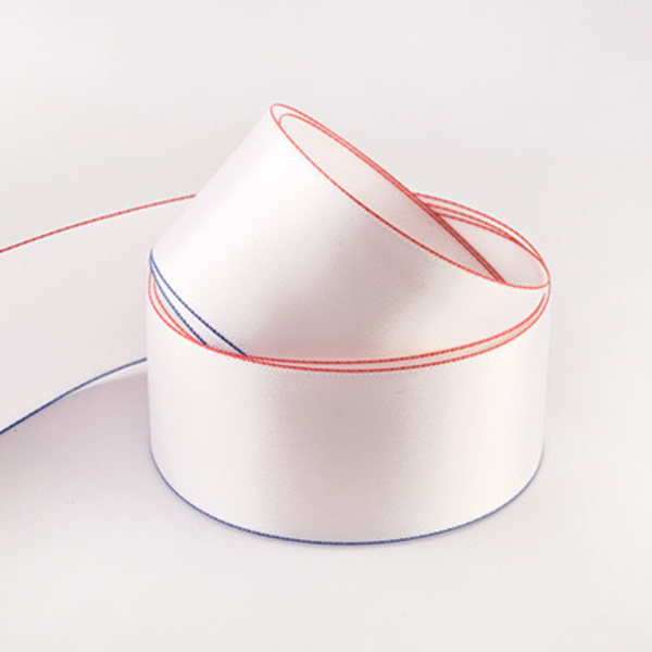 5928P/25mm White (76mmc 200 Metre)-Double Sided WE Poly Satin with Magenta Yarn Woven on Both Edges