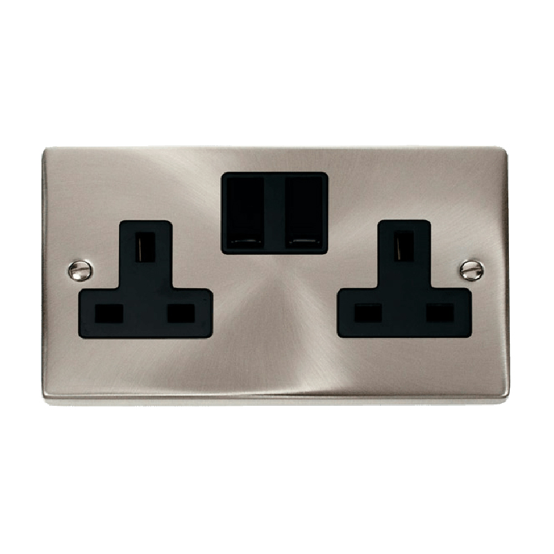 Click Deco 2 Gang 13A DP Switched Socket Outlet (Twin Earth) Satin Chrome Insert Black