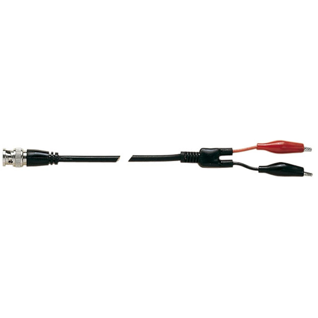 50 Ohm coaxial lead with BNC plug on one end. Red and black crocodile clip on the other end.