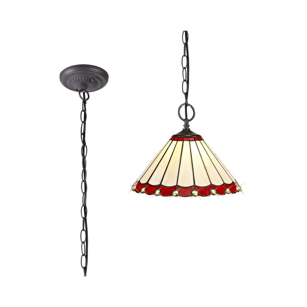 Luxuria Sleek 2 Light Downlighter Pendant E27 With 30cm Tiffany Shade Red/Cream/Crystal/Aged Antique Brass