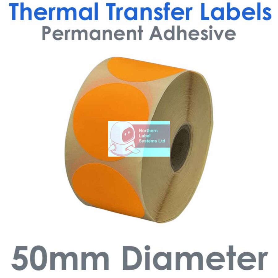 050DIATTNPO1-1000FL, 50mm Diameter Circle, FLUORESCENT ORANGE, Thermal Transfer Labels, Permanent Adhesive, 1,000 per roll, FOR SMALL DESKTOP LABEL PRINTERS
