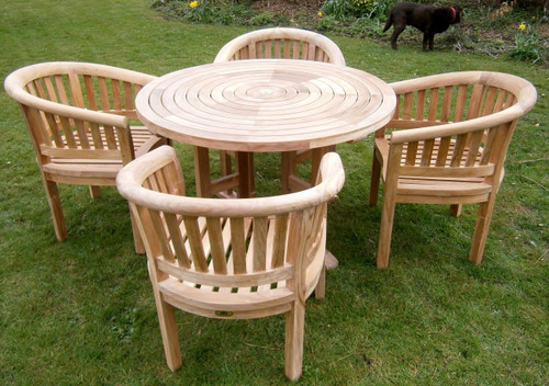 Suppliers of Turnworth 120cm Round Ring Teak Table Set with Banana Arm Chairs UK