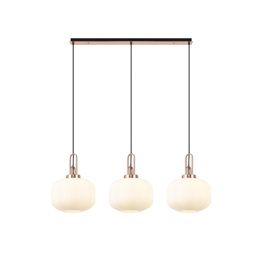 Luxuria Kennith Linear 3 Light Pendant E27 Copper/Matt Black With 30cm Pumpkin Shaped Ribbed Opal Glass