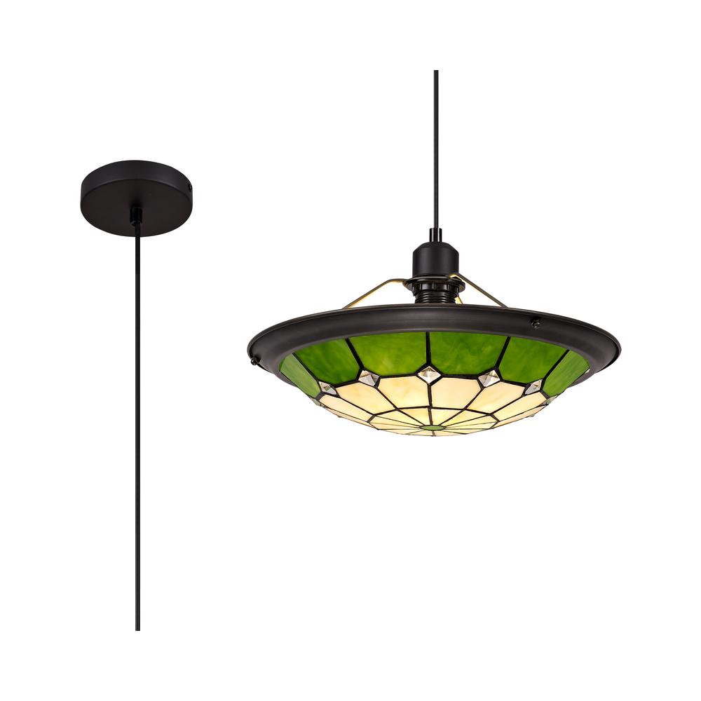 Luxuria Lotus Petal Pendant Light E27 With 35cm Tiffany Shade Cream/Green/Clear Crystal Centre/Aged Antique Brass Trim/Black