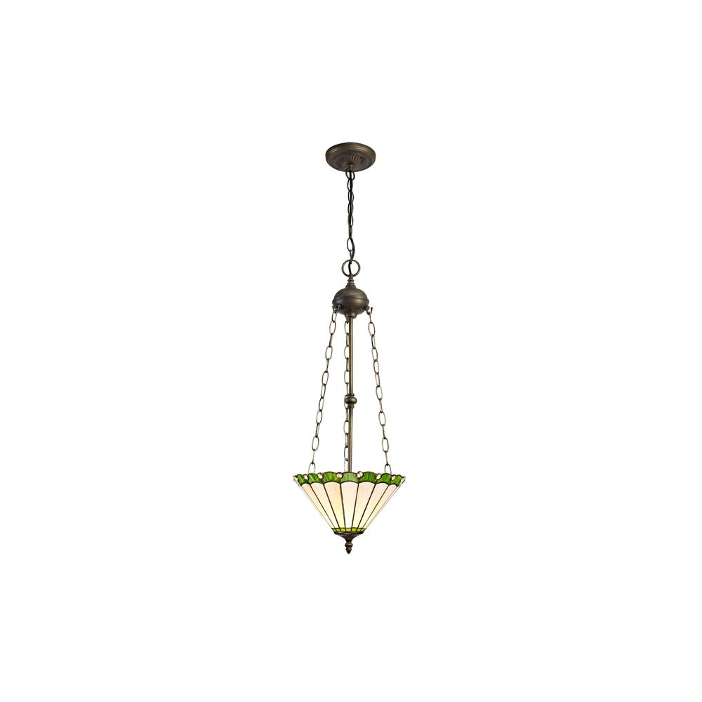 Luxuria Sleek 3 Light Uplighter Pendant E27 With 30cm Tiffany Shade Green/Cream/Crystal/Aged Antique Brass