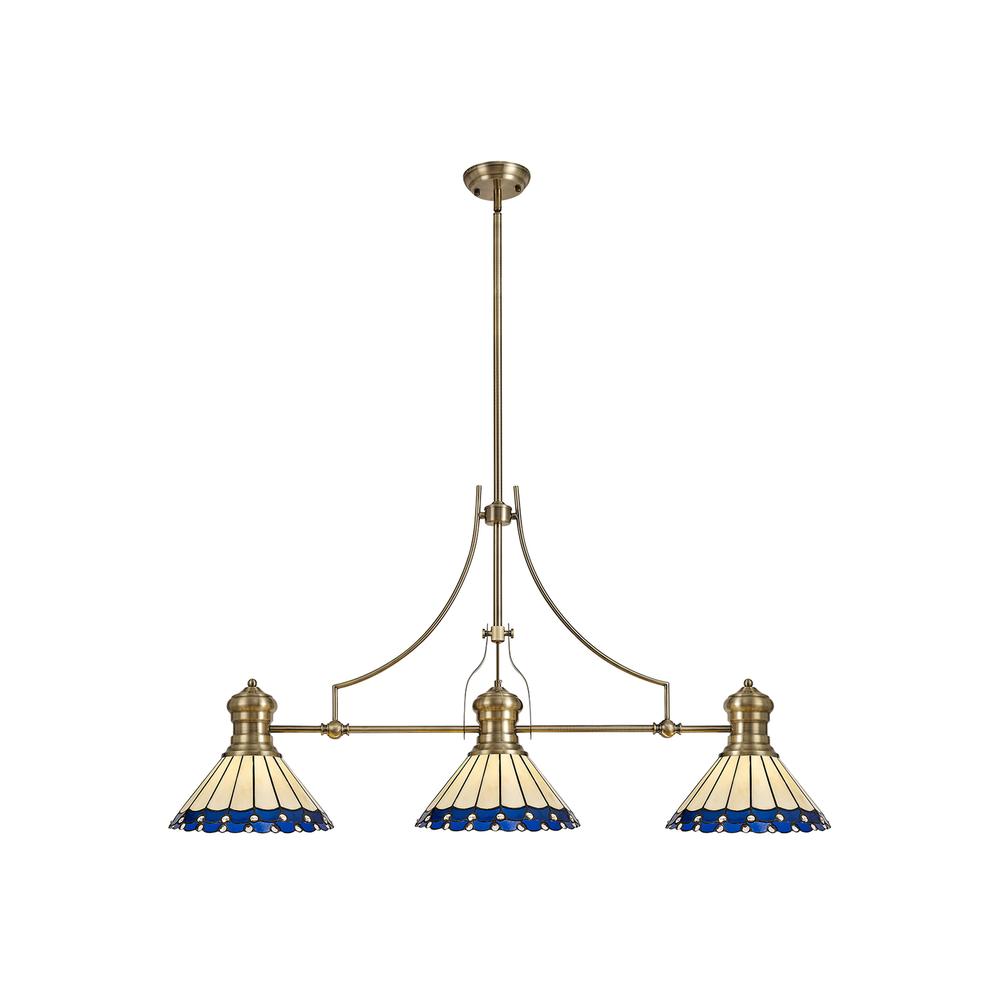 Luxuria Sleek 3 Light Linear Pendant E27 With 30cm Tiffany Shade Antique Brass Blue Cream Crystal