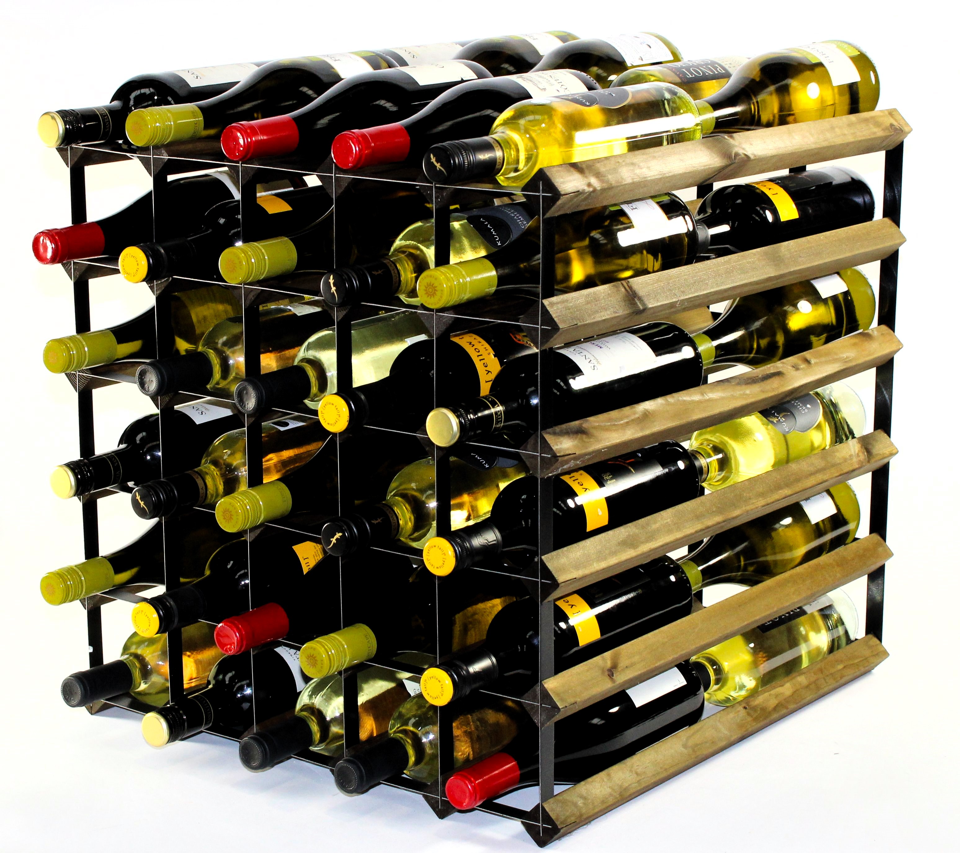 Double depth 60 bottle wine rack - Walnut stain wood - Black metal