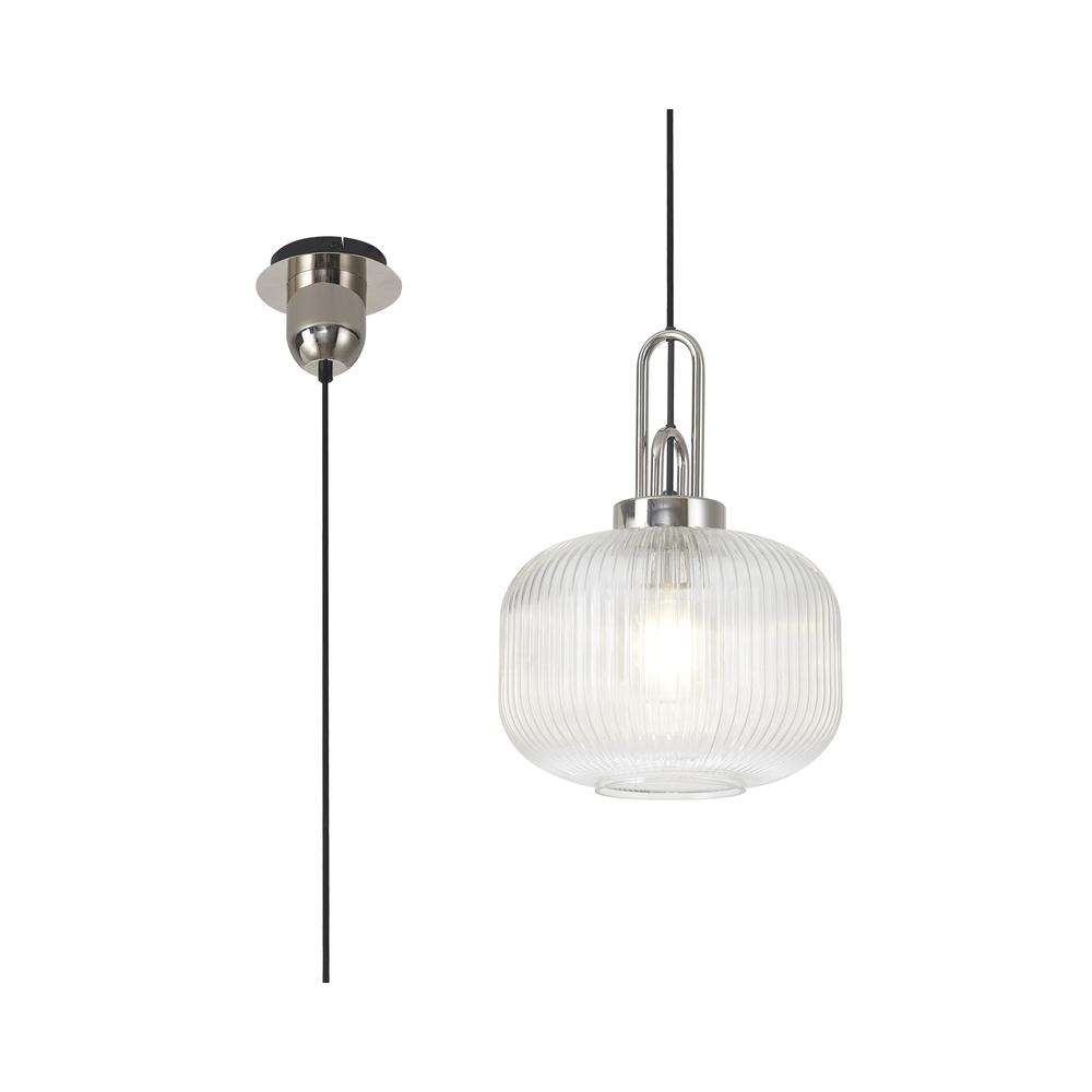 Luxuria Kennith Pendant Light E27 With 30cm Pumpkin Shaped Ribbed Glass Clear Polished Nickel/Matt Black