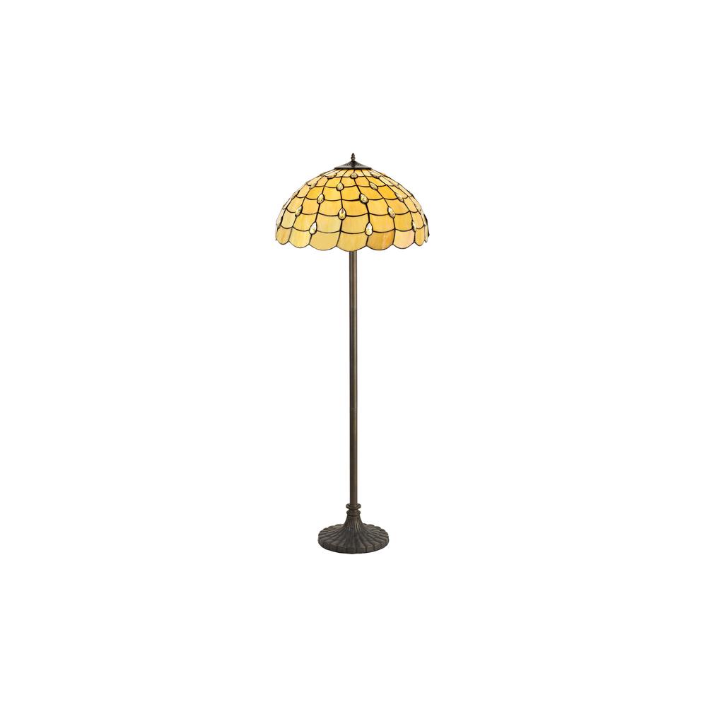 Luxuria Luna 2 Light Stepped Design Floor Lamp E27 With 50cm Tiffany Shade Beige/Clear Crystal/Aged Antique Brass