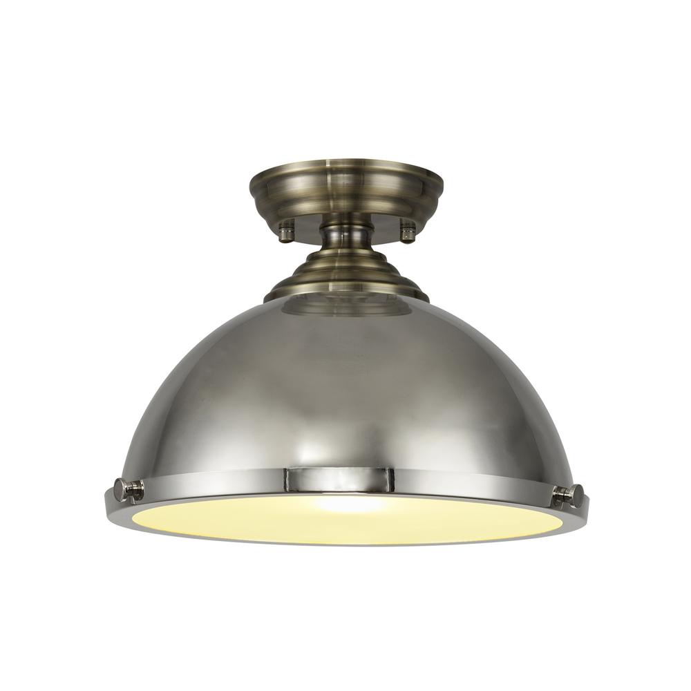 Luxuria Sirius Flush Ceiling Light E27 With Round 31cm Metal Shade Antique Brass/Polished Nickel/Frosted White