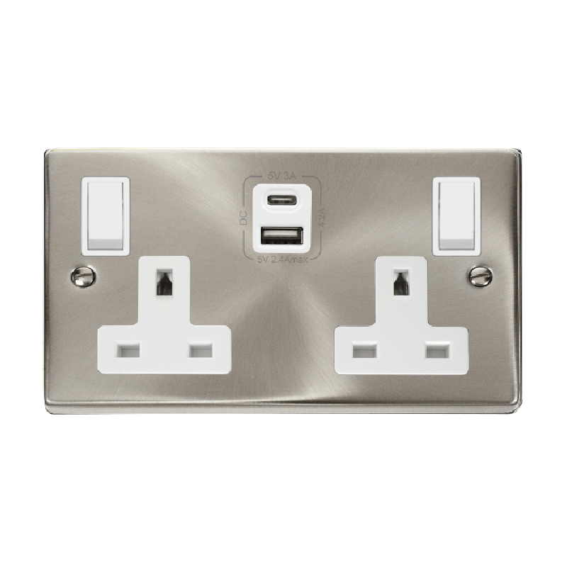 Click Deco 2G 13A Switched Socket With Type A & C USB 4.2A Outlets Satin Chrome Insert White