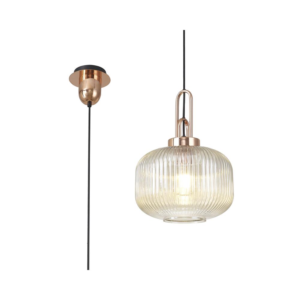 Luxuria Kennith Pendant Light E27 With 30cm Pumpkin Shaped Ribbed Glass Champagne Copper/Matt Black