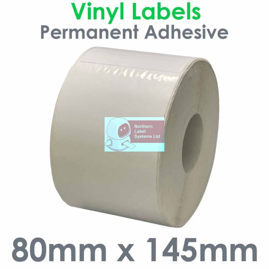 080145MVNPW1-500, 80mm x 145mm Matt White Vinyl Label, Permanent Adhesive, FOR SMALL DESKTOP LABEL PRINTERS