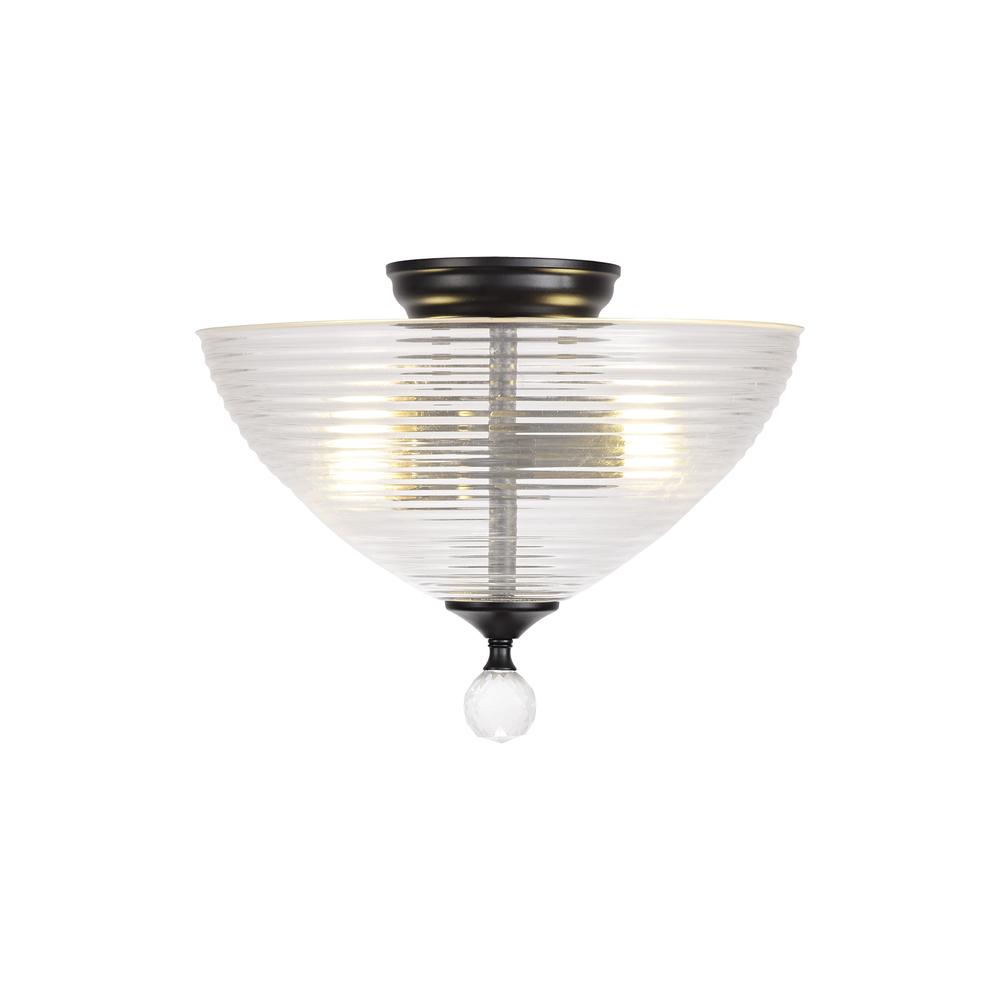 Luxuria Sirius Flush Ceiling Light 2xE27 With Round 33.5cm Prismatic Effect Glass Shade Matt Black/Clear