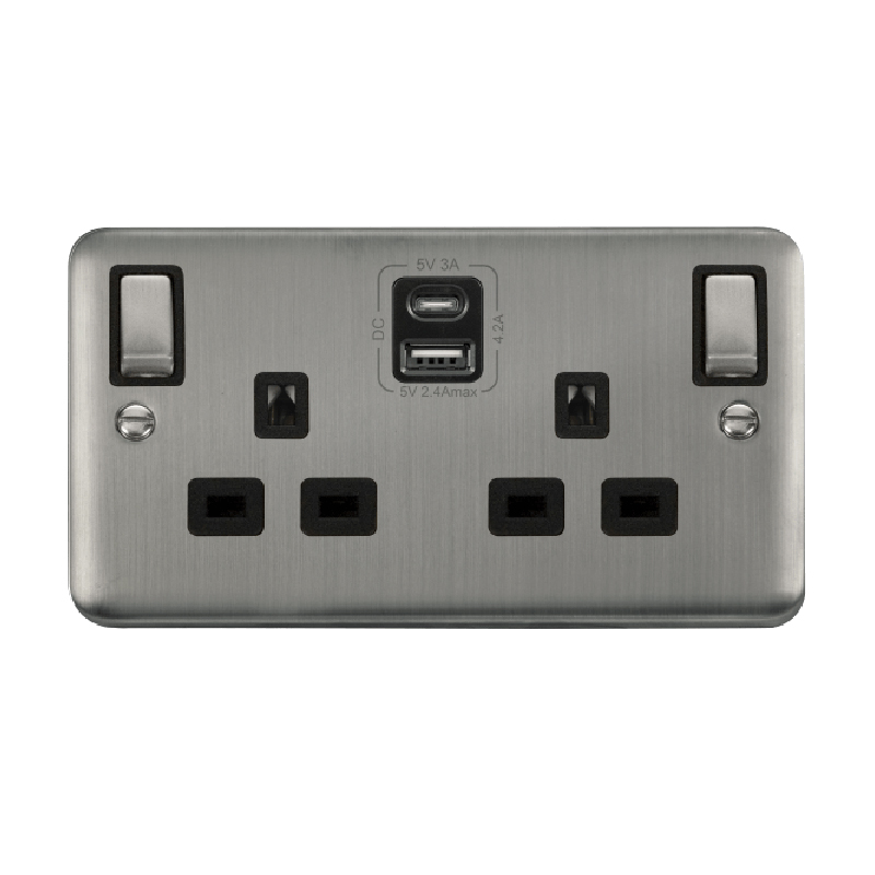 Click Deco Plus 13A Ingot 2G Switched Socket Outlet With Type A & C USB 4.2A Outlets Stainless Steel Black Inserts