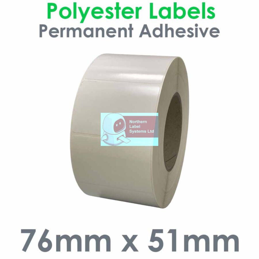 076051PYYPW1-2000, 76mm x 51mm,  White Polyester Label, Permanent Adhesive, FOR LARGER LABEL PRINTERS