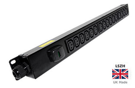 PDB-IEC16V16A 16 Way Vertical Slimline C13 IEC Sockets with 16amp Commando Plug. 0U Power Distribution Unit 16 Port PDU - LSOH (BTO)