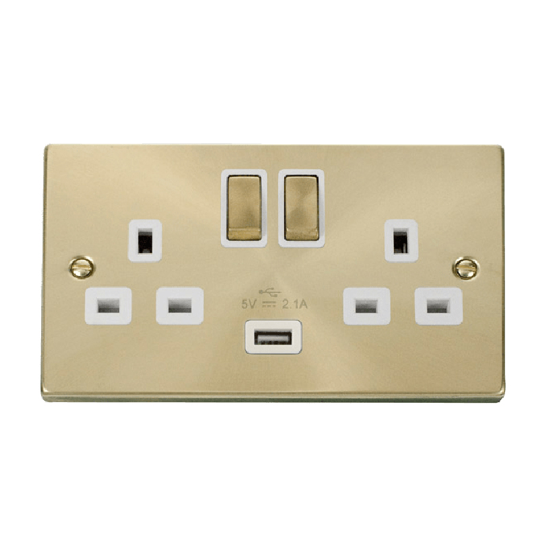 Click Deco 13A Ingot 2G Switched Socket With Single 2.1A USB Outlet Satin Brass Insert White