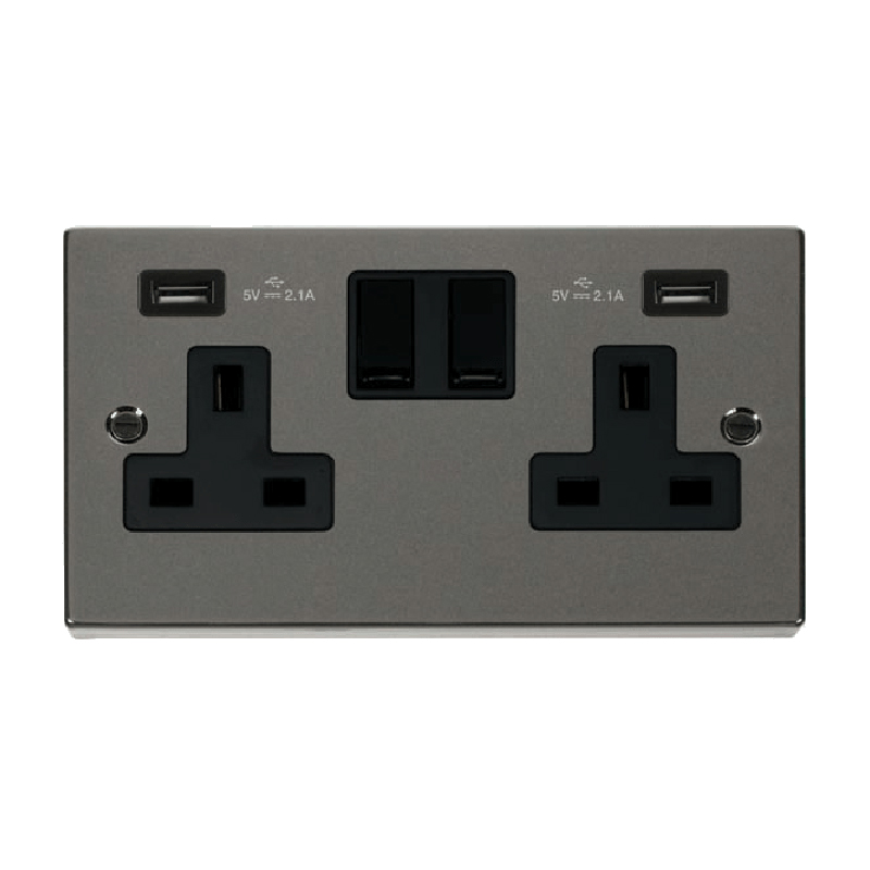 Click Deco 13A 2G Switched Socket with Twin 2.1A USB Outlets Black Nickel Insert Black