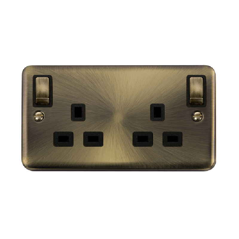 Click Deco Plus 13A Ingot 2G DP Switched Socket Outlet With Outboard Rockers Antique Brass Black Inserts