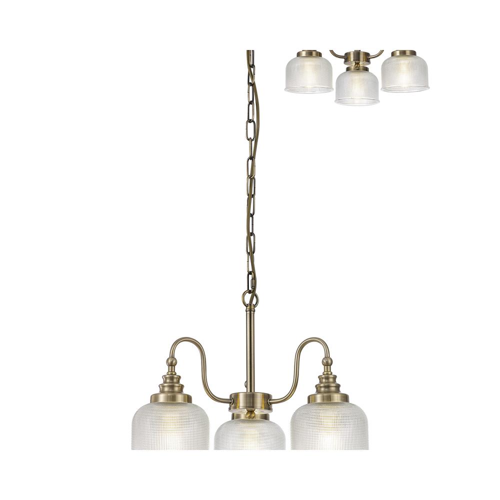 Luxuria Toussenel 47cm Semi Flush/Pendant 3 Light E27 Antique Brass/Prismatic Glass